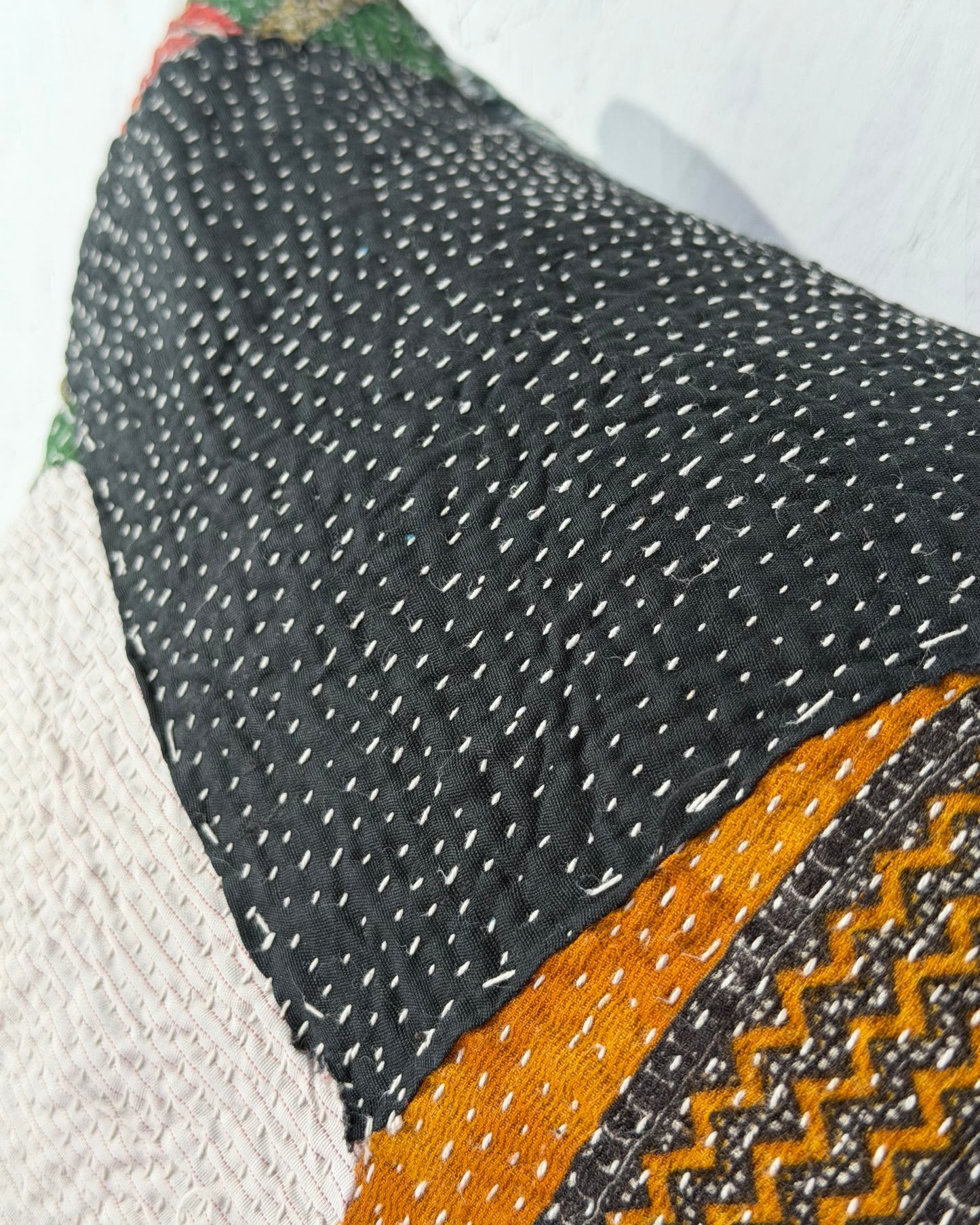Vintage Kantha Bolster Cushion Cover In Patchwork Orange, Green and White - 100cm