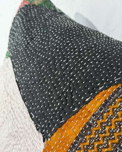 Vintage Kantha Bolster Cushion Cover In Patchwork Orange, Green and White - 100cm