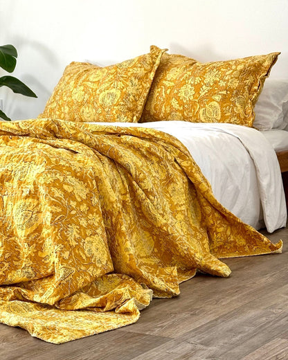 Sunshine Yellow Floral Kantha Handmade Pillowcase - Biggs & Hill