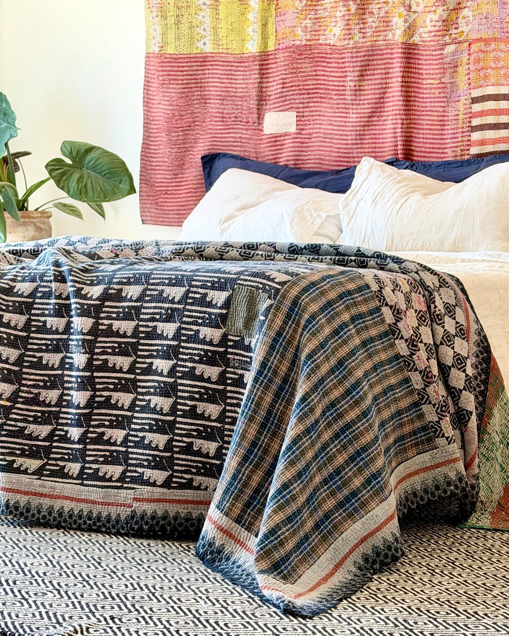 Extra Large Textured Vintage Kantha Quilt In Blue, Red and Green - Biggs & Hill