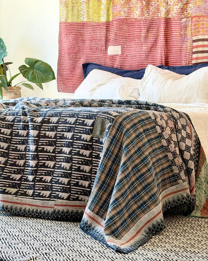 Extra Large Textured Vintage Kantha Quilt In Blue, Red and Green - Biggs & Hill
