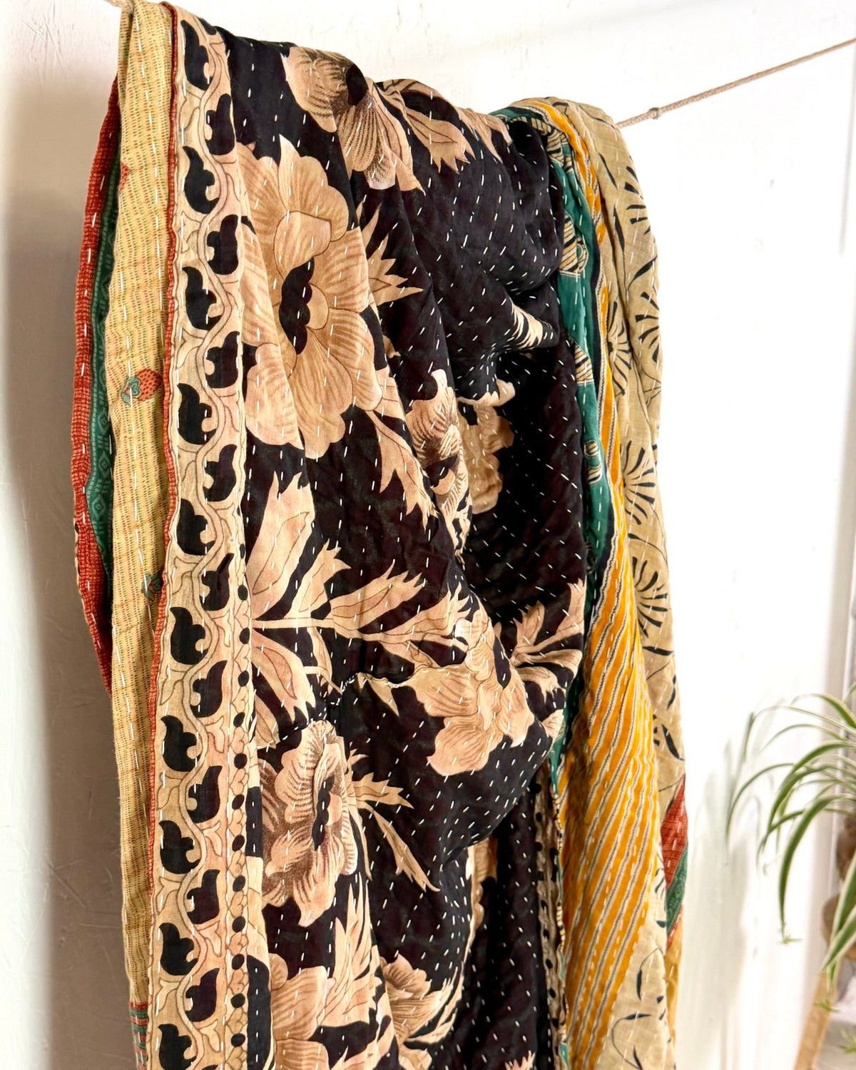 Vintage Cotton Kantha Quilt In Yellow and Black 11 - Biggs & Hill