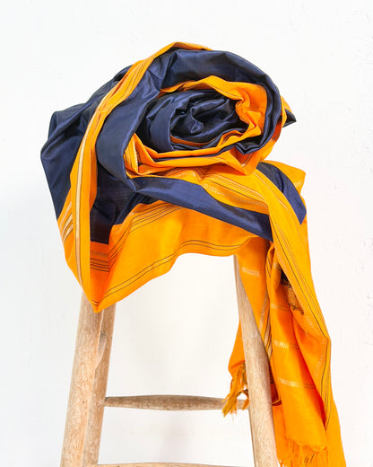 Preloved Silk Sari Length In Deep Blue and Orange 03