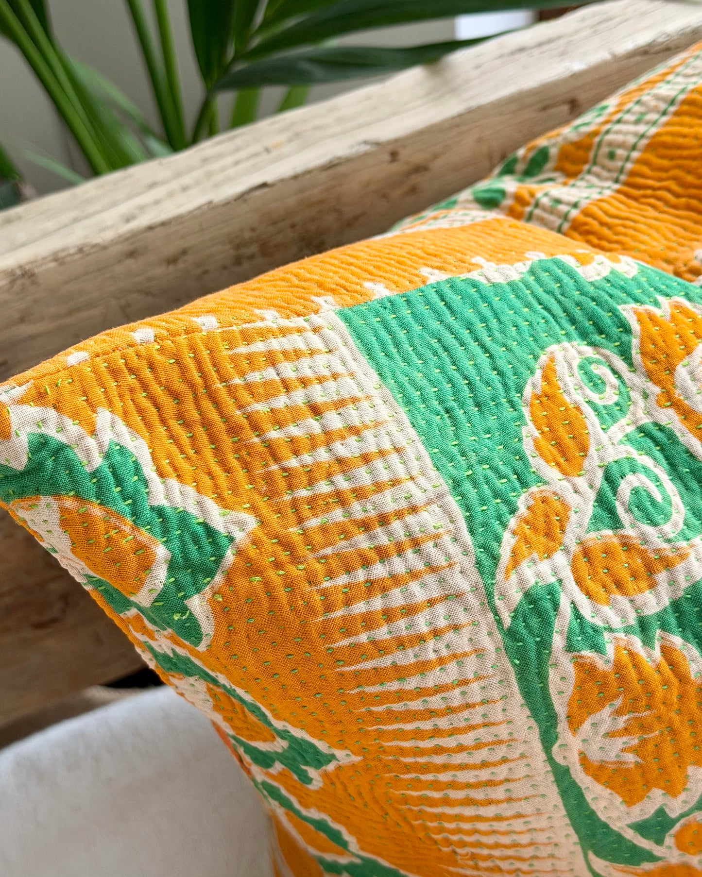 Vintage Kantha Cushion In Green and Orange- 45cm Square