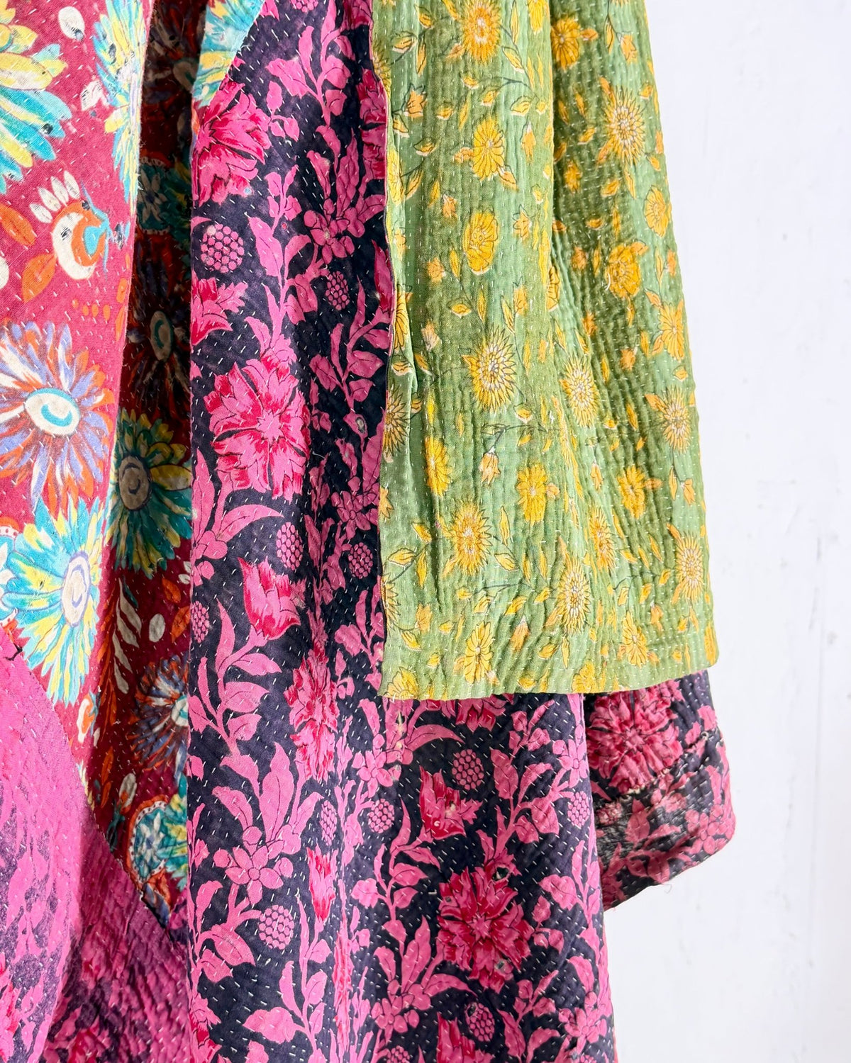 Large Fine Stitched Vintage Kantha Quilt in Bright Pink and Green - Biggs & Hill