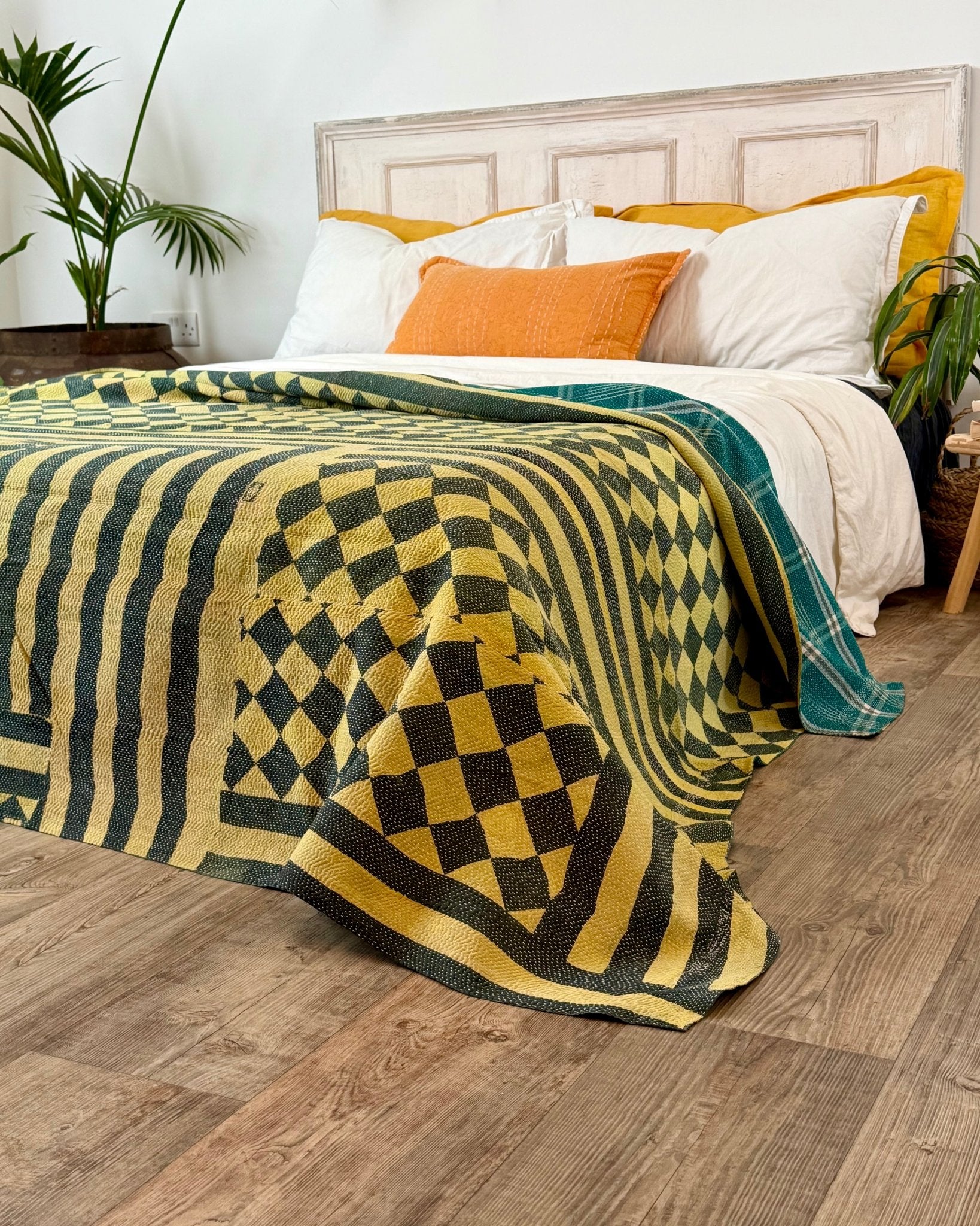 Large Fine Stitched Vintage Kantha Quilt in Diamond Pattern Yellow and Green - Biggs & Hill