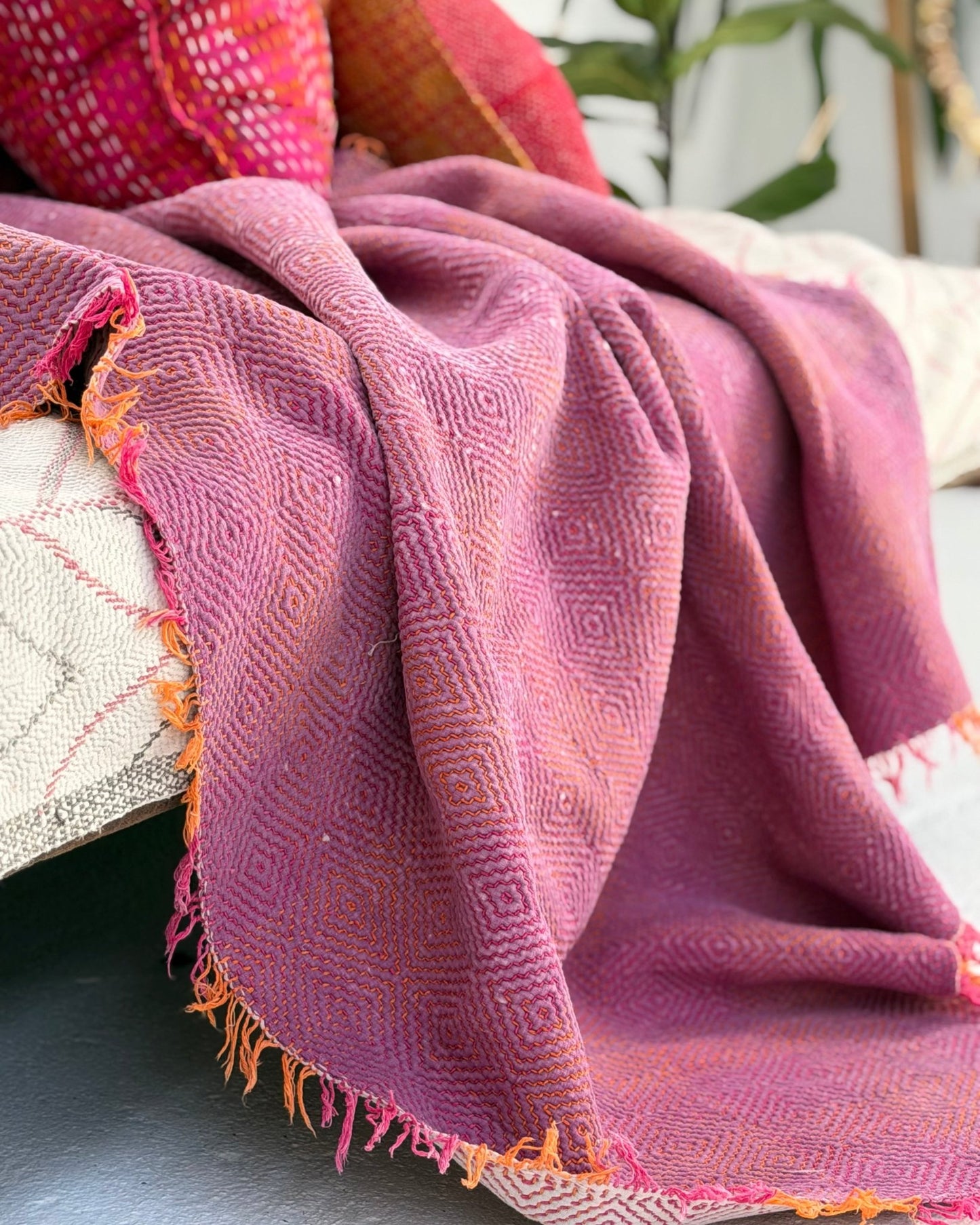 Large Heavy Kantha Blanket Quilt With Lik Phul Stitching In Pink and Orange - Biggs & Hill