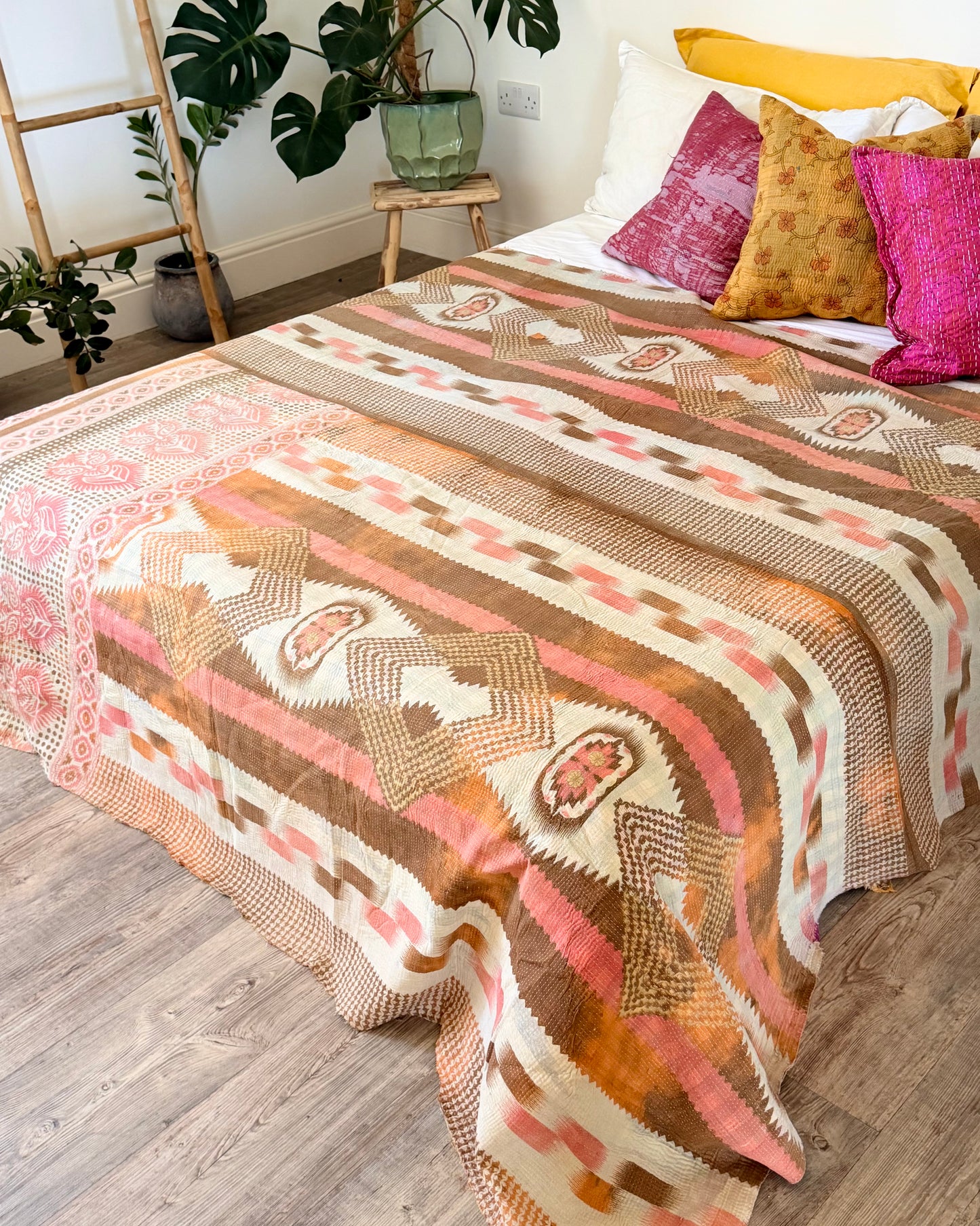 Large Fine Stitched Vintage Kantha Quilt in Peachy Pink Geometrics