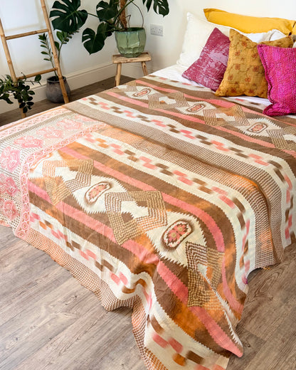 Large Fine Stitched Vintage Kantha Quilt in Peachy Pink Geometrics