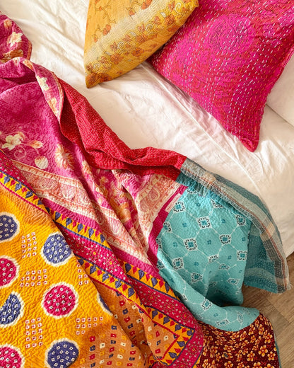 Large Fine Stitched Vintage Kantha Quilt in Pink, Turquoise and Yellow - Biggs & Hill
