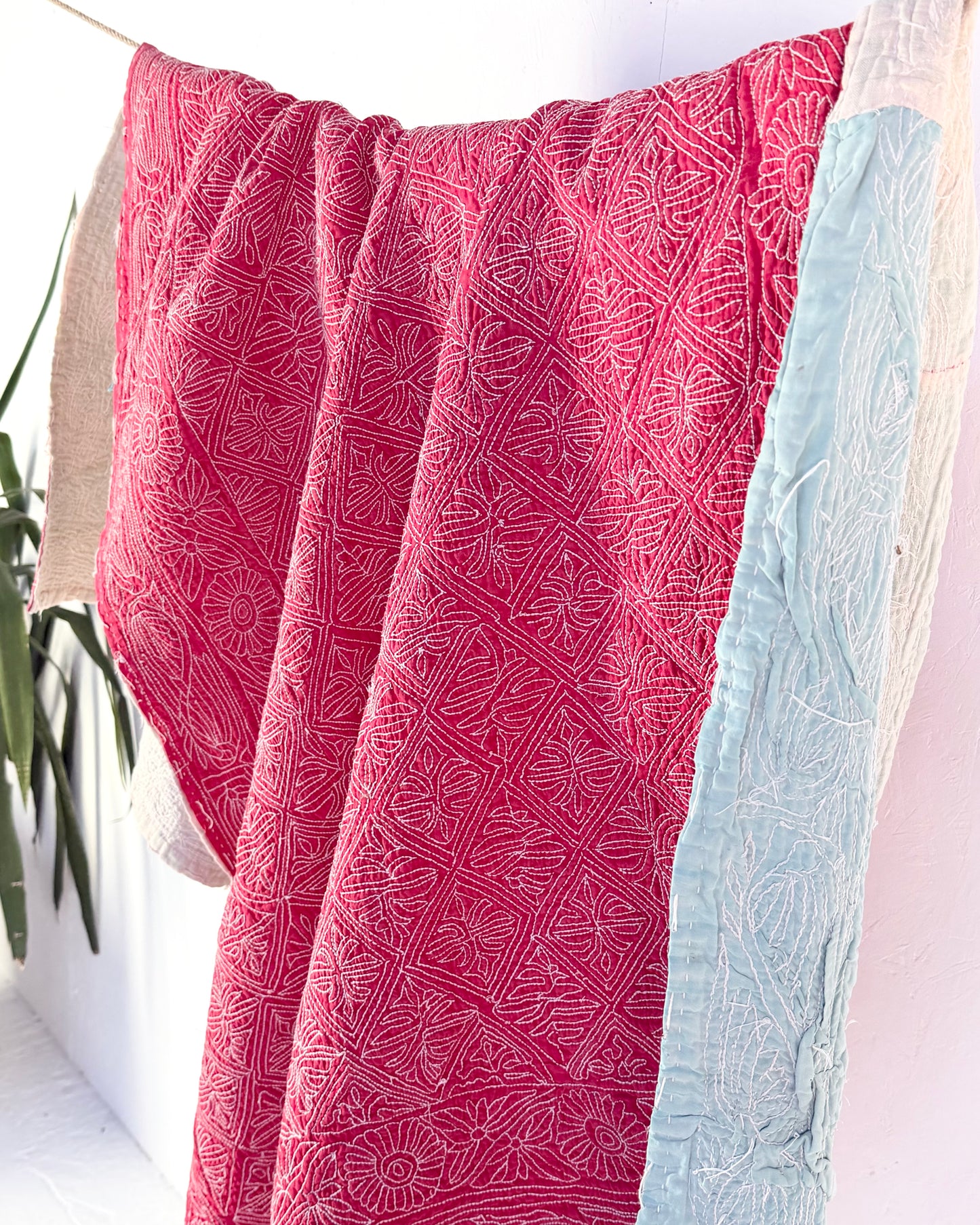Embroidered Sujini Vintage Kantha Quilt In Red With White Embroidery