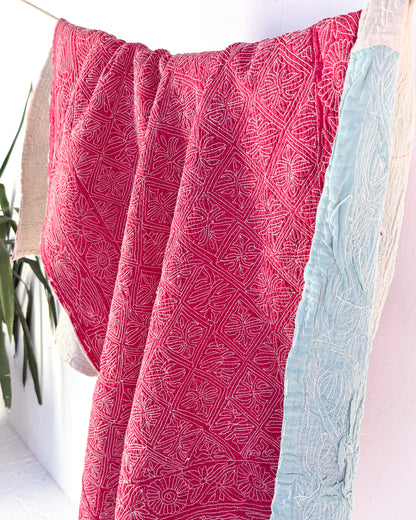 Embroidered Sujini Vintage Kantha Quilt In Red With White Embroidery