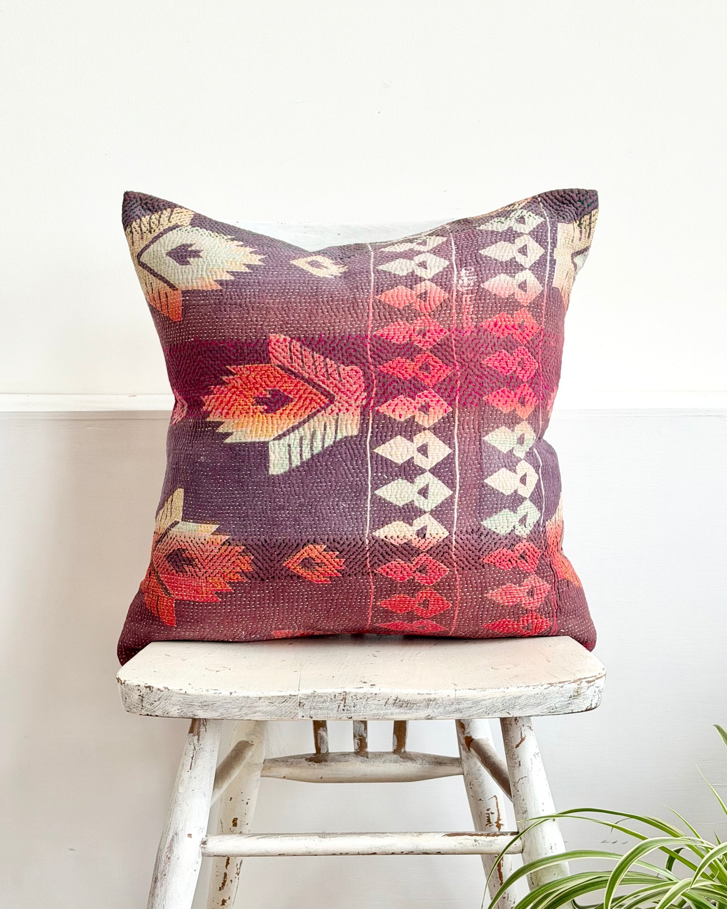 Vintage Kantha Cushion In Pink, White and Purple - 45cm Square