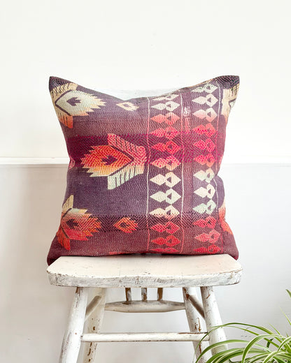 Vintage Kantha Cushion In Pink, White and Purple - 45cm Square