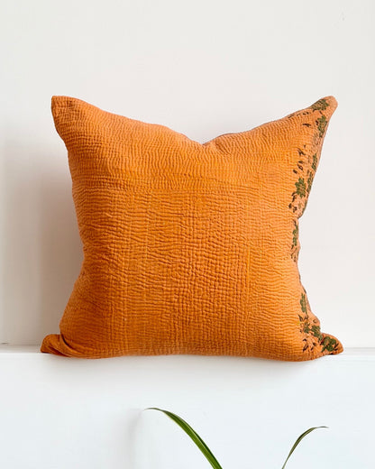 Vintage Kantha Cushion In Orange and Brown Floral 03 - 50cm Square - Biggs & Hill