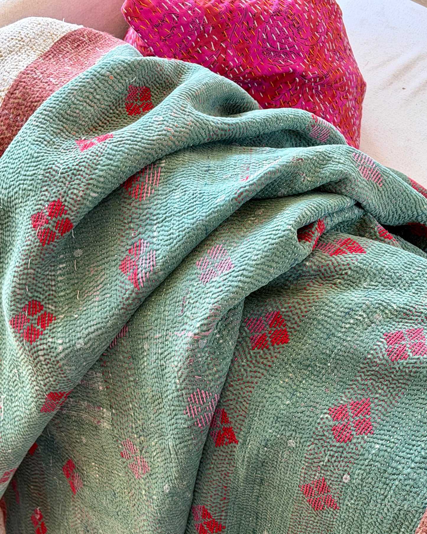 Fine Stitched Thick Vintage Kantha Quilt in Green With Red Embroidery