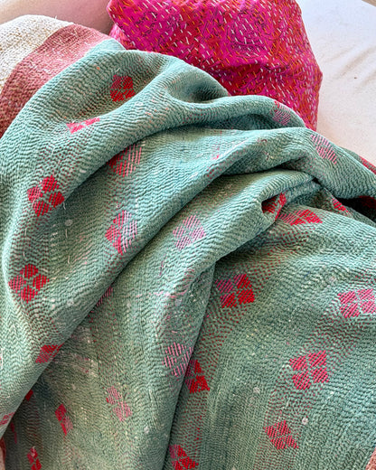 Fine Stitched Thick Vintage Kantha Quilt in Green With Red Embroidery