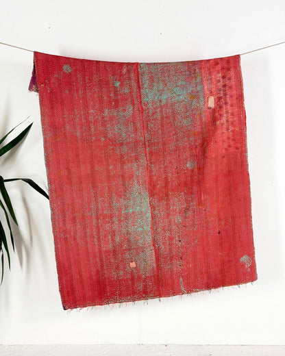 Textured Vintage Kantha Quilt in Pink and Yellow Stripes - Biggs & Hill