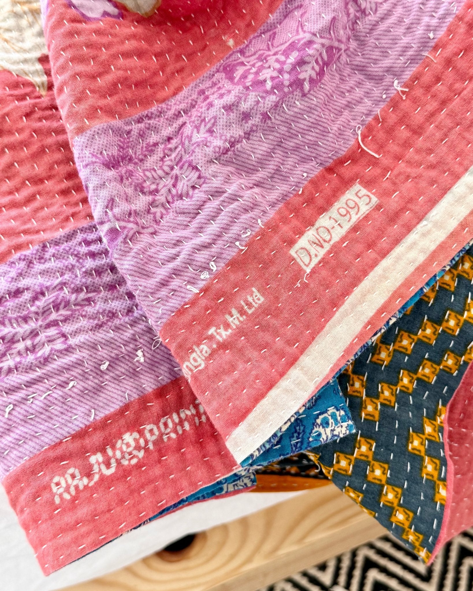 Extra Large Fine Stitched Vintage Kantha Quilt in Pink Floral, Yellow and Blue - Biggs & Hill