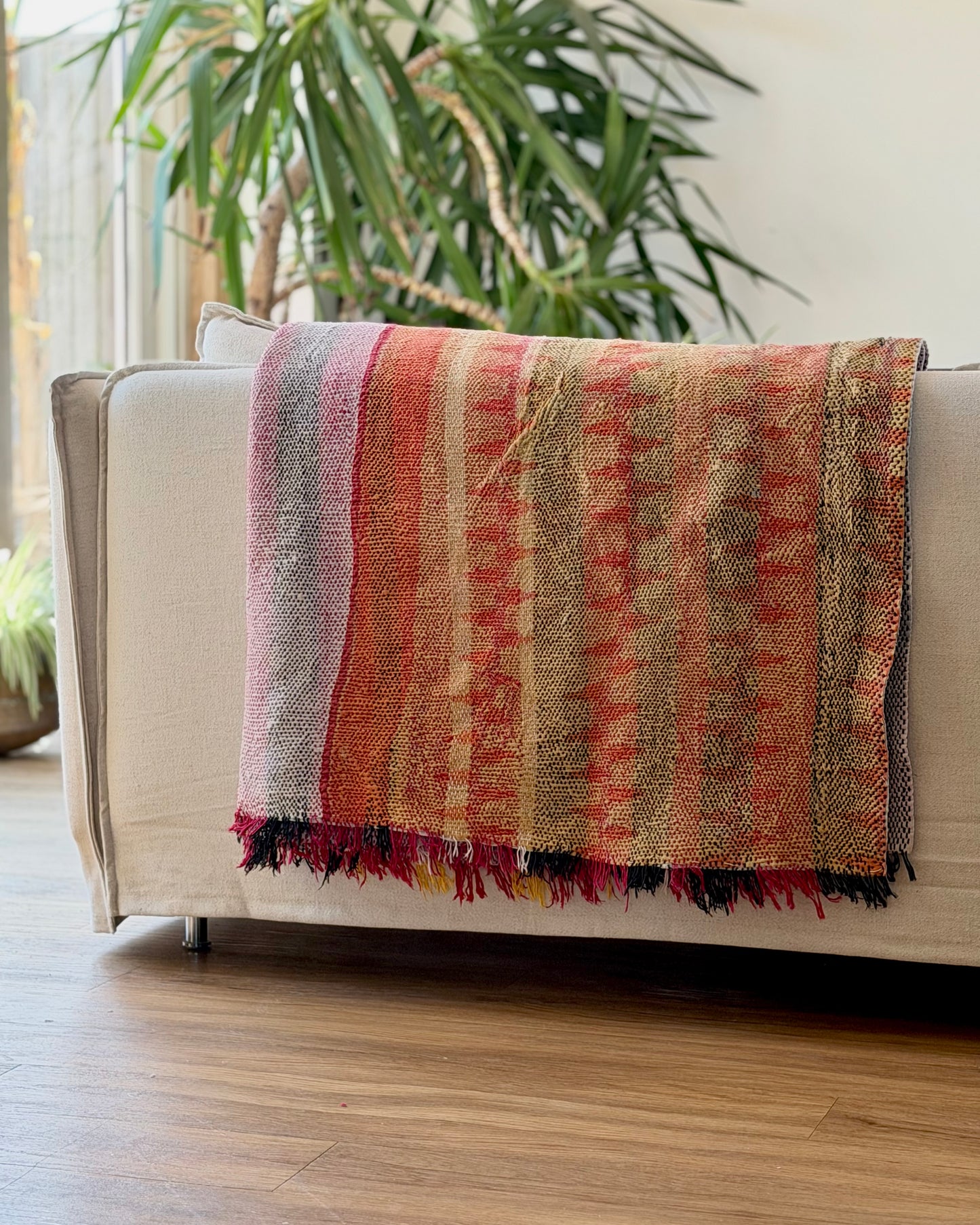 Heavy Kantha Blanket Quilt in Pink and Orange Stripe