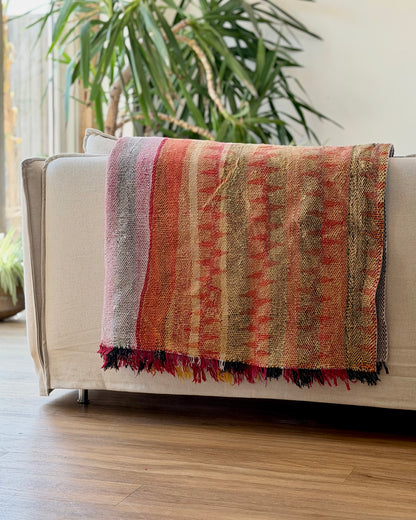 Heavy Kantha Blanket Quilt in Pink and Orange Stripe