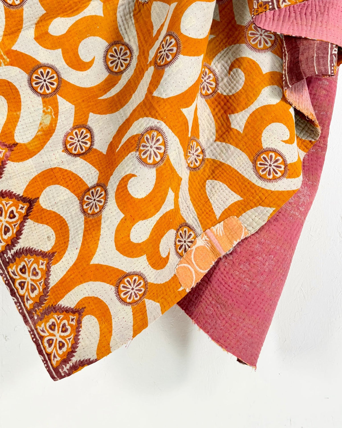 Fine Stitched Vintage Kantha Quilt with Geometric Orange Patterns - Biggs & Hill