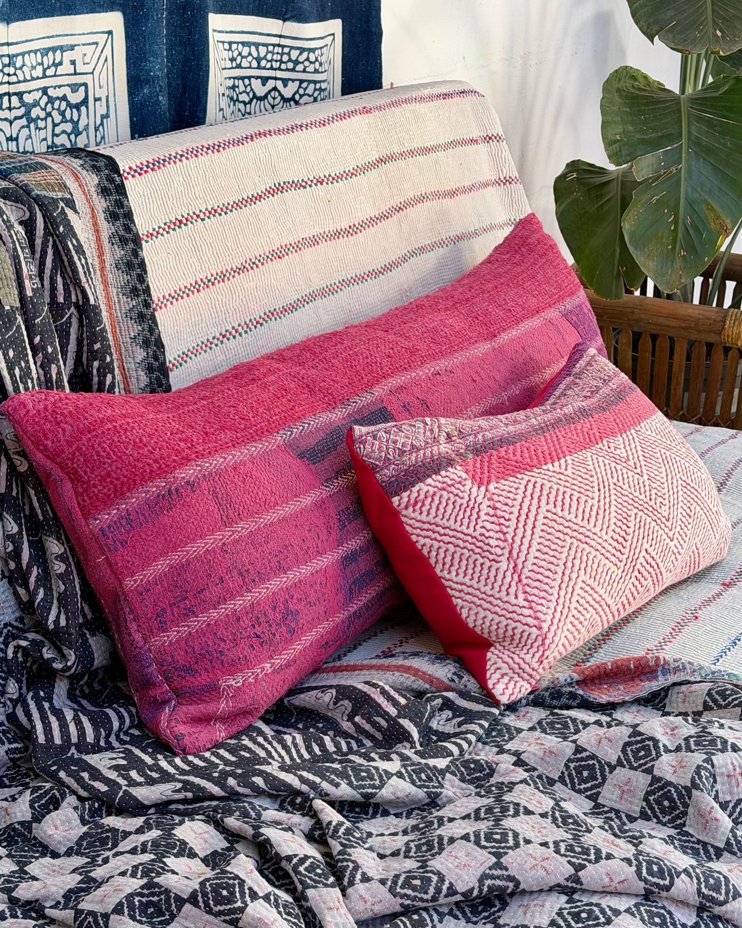 Vintage Kantha Cushion Cover In Pink and Purple - Small Rectangular