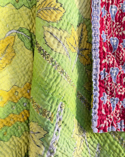 Large Fine Stitched Vintage Kantha Quilt in Bright Green and Red Floral - Biggs & Hill