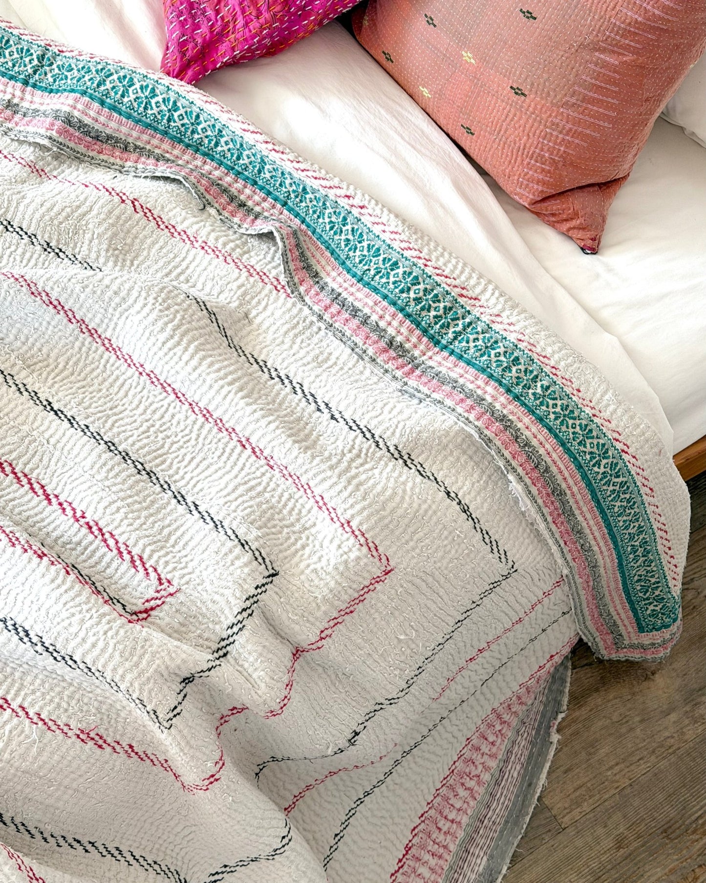 Heavy Fine Stitched Embroidered Vintage Kantha Quilt in White and Pink - Biggs & Hill