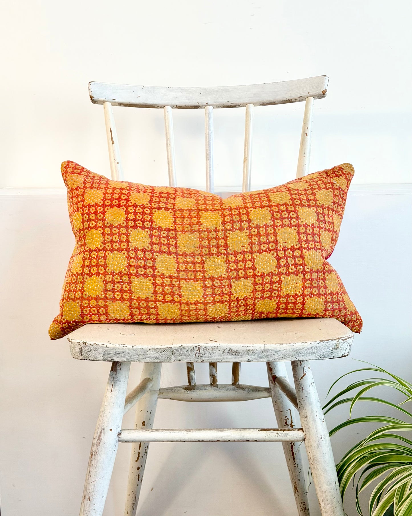 Vintage Kantha Cushion In Pink and Yellow - Small Rectangular