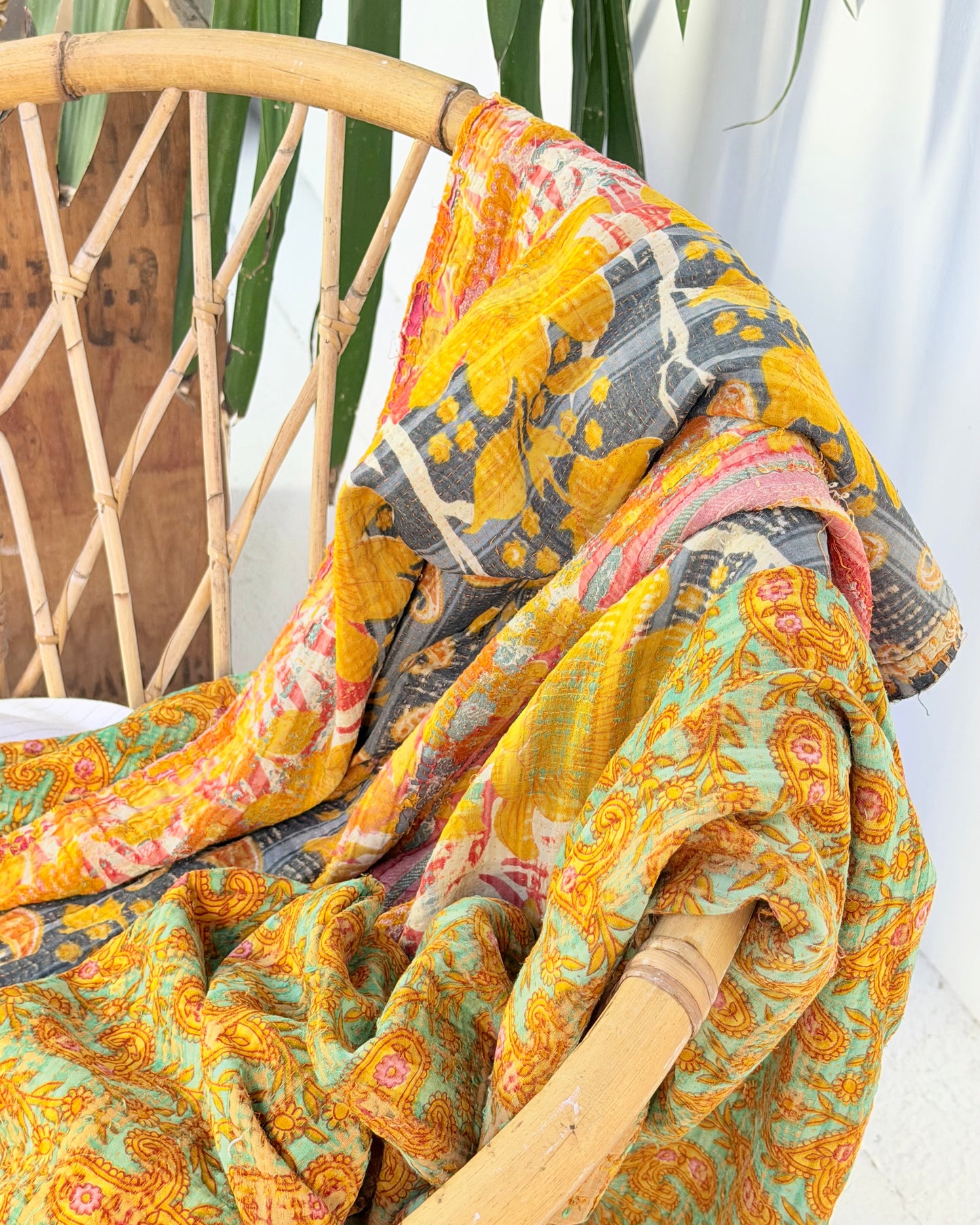 Extra Large Large Fine Stitched Vintage Kantha Quilt in Orange and Navy Blue