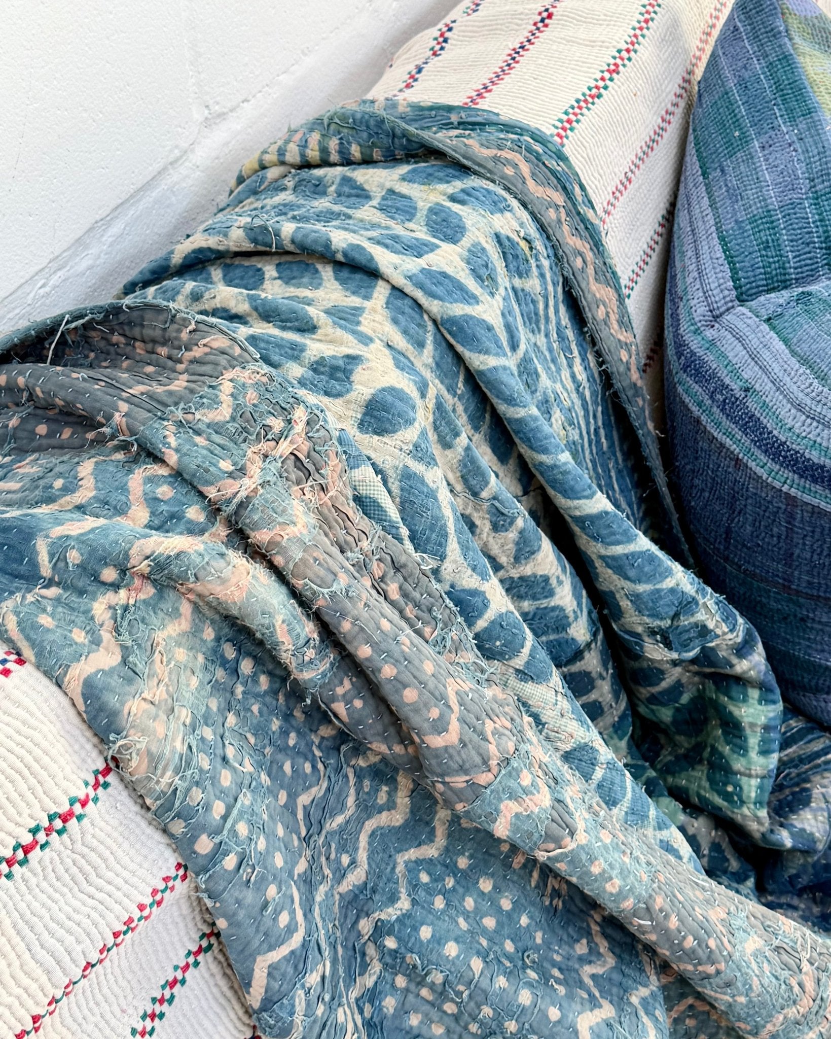 Large Heavy Indigo Print Kantha Quilt - Biggs & Hill