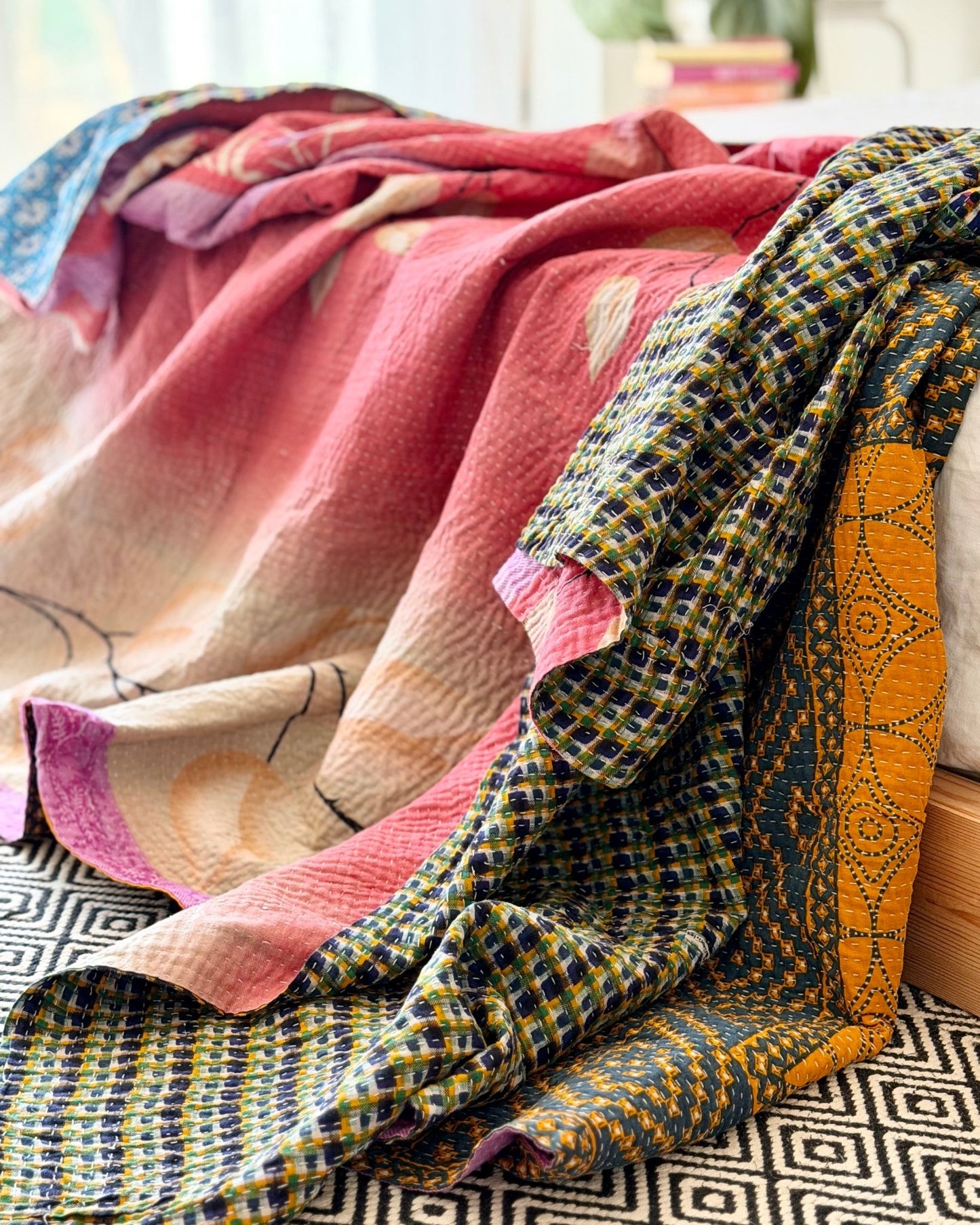 Extra Large Fine Stitched Vintage Kantha Quilt in Pink Floral, Yellow and Blue - Biggs & Hill