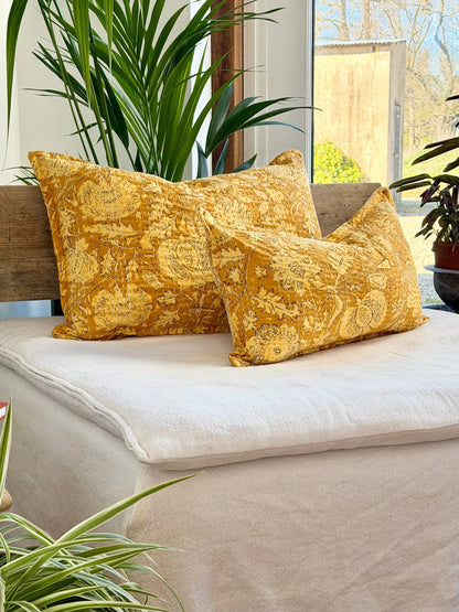 Sunshine Yellow Floral Block Printed Hand Stitched Rectangular Kantha Cushion - Biggs & Hill