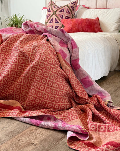 Large Fine Stitched Vintage Kantha Quilt With Pink Squares - Biggs & Hill