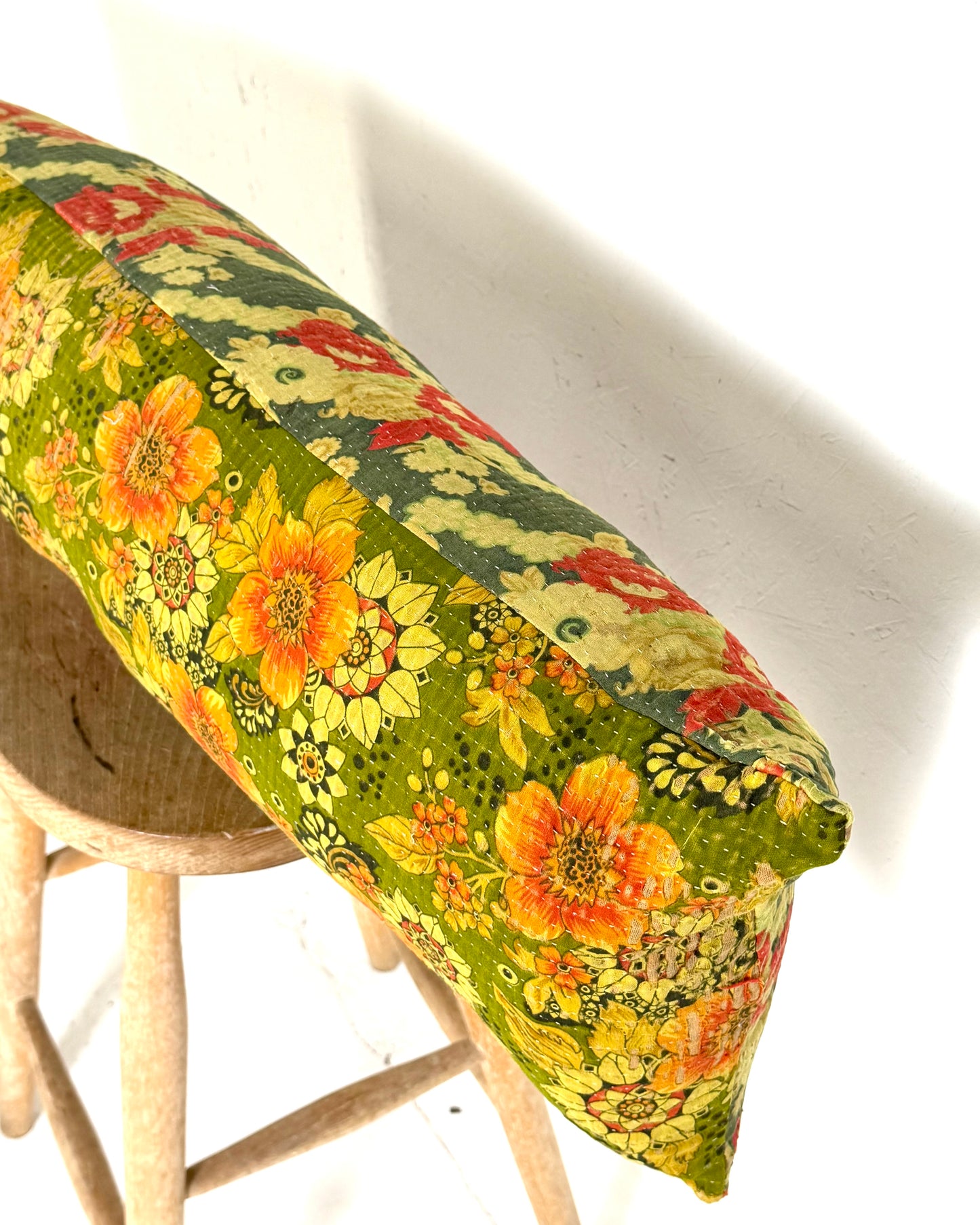 Vintage Kantha Bolster Cushion Cover In Green Floral 30 x 100