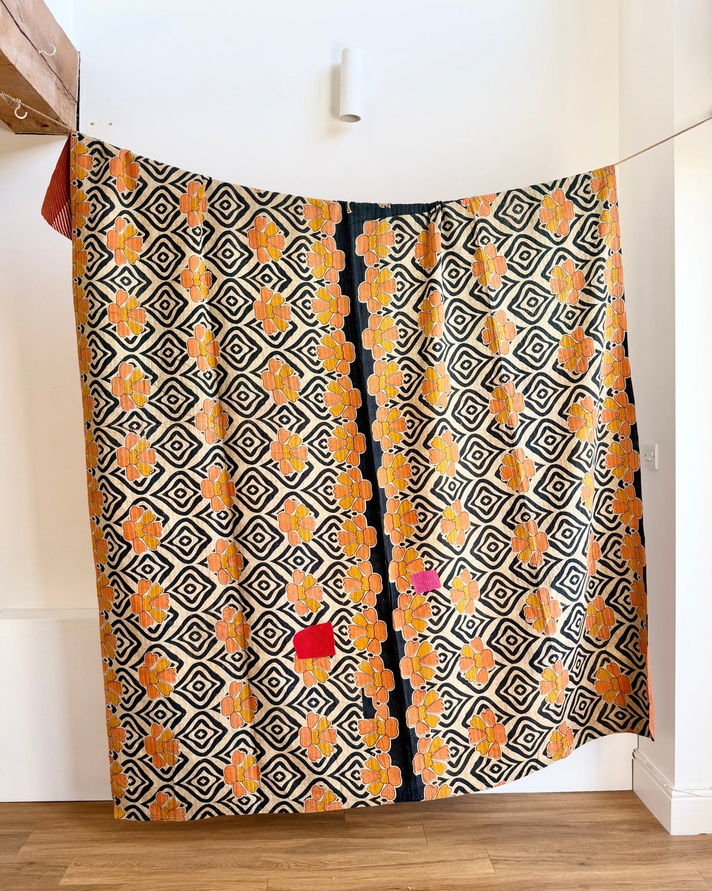 Extra Large Fine Stitched Vintage Kantha Quilt With Pink Dots and Navy Blue Patterns - Biggs & Hill