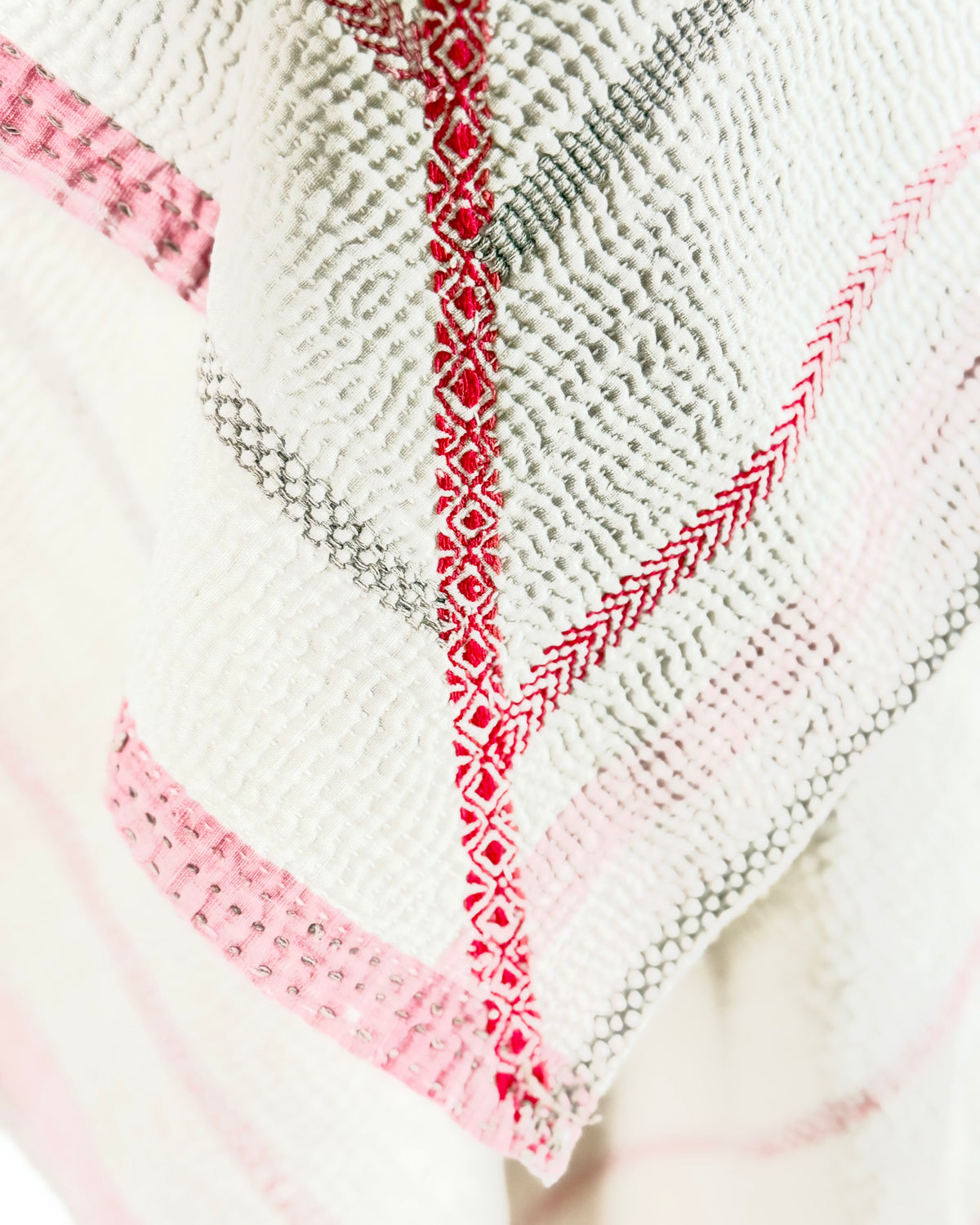 Embroidered Antique Vintage Kantha Quilt in White and Pink