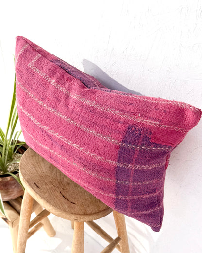 Handmade Vintage Kantha Cushion Cover In Pink With Embroidered Stripes - Large Rectangular