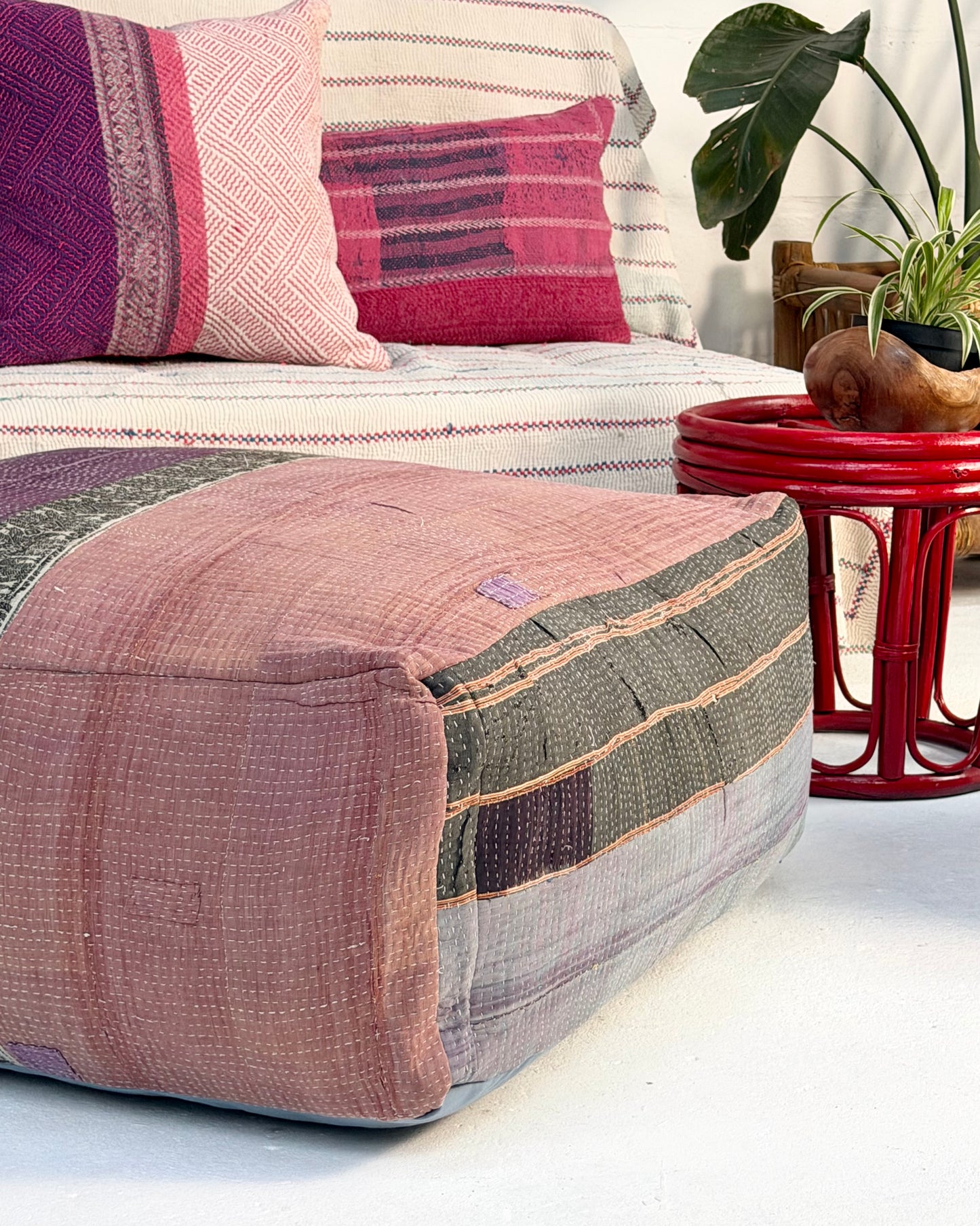 Extra Large Square Kantha Pouf Cushion Cover With Blue and Grey Stripes