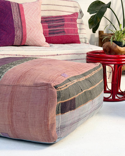 Extra Large Square Kantha Pouf Cushion Cover With Blue and Grey Stripes