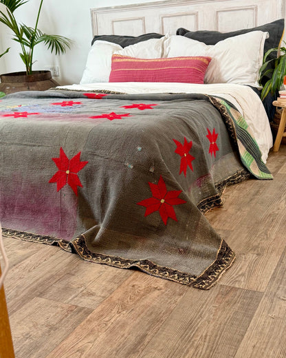Large Fine Stitched Embroidered Vintage Kantha Quilt With Red Stars on Grey - Biggs & Hill