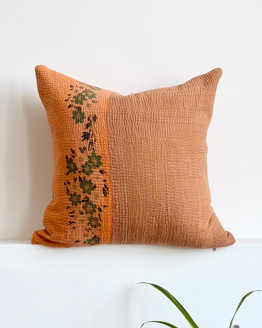 Vintage Kantha Cushion In Orange and Brown Floral 02 - 50cm Square - Biggs & Hill