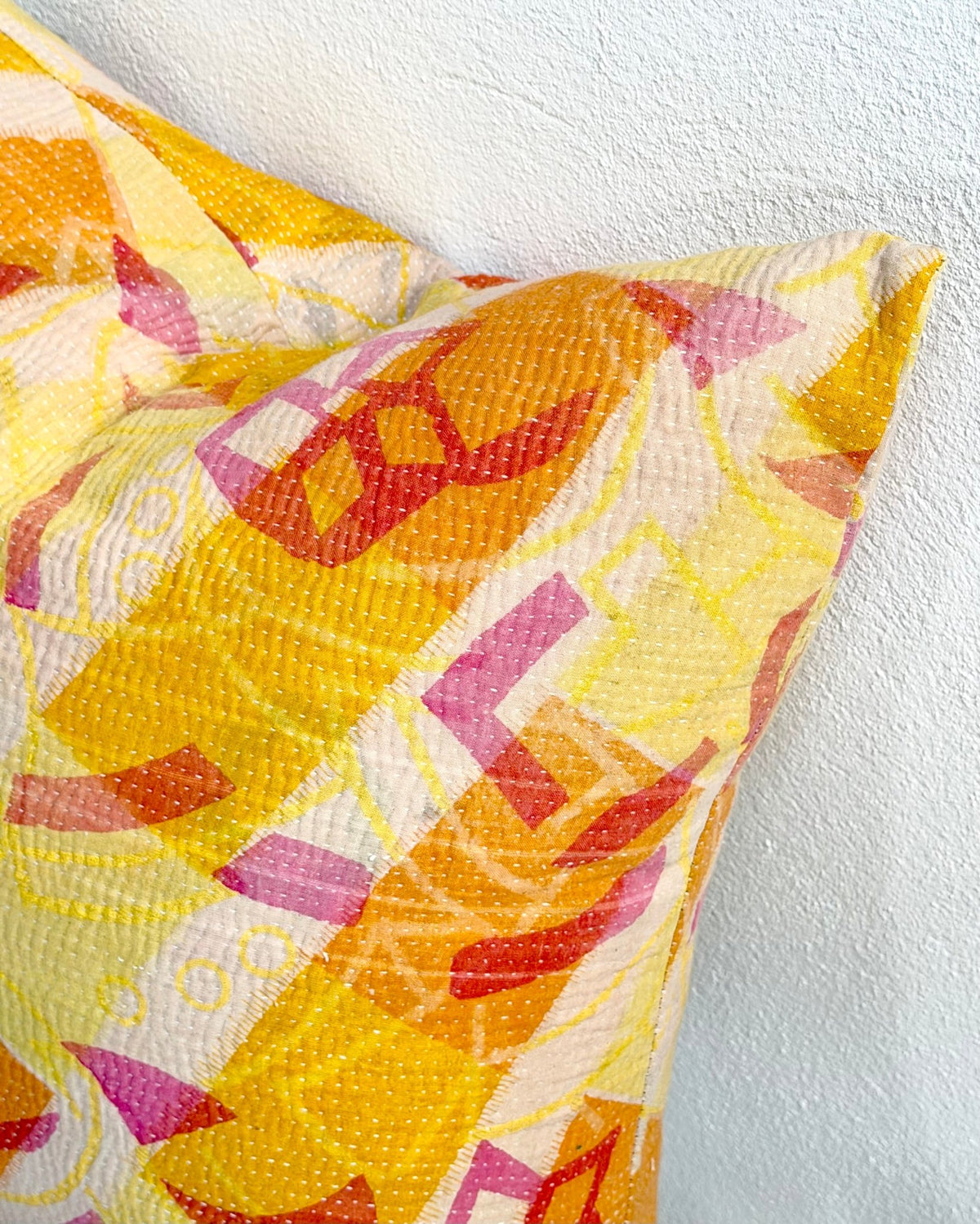 Handmade Reversible Vintage Kantha Cushion Cover In Pink and Yellow - 45cm (18") - Biggs & Hill