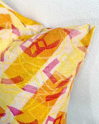 Handmade Reversible Vintage Kantha Cushion Cover In Pink and Yellow - 45cm (18") - Biggs & Hill