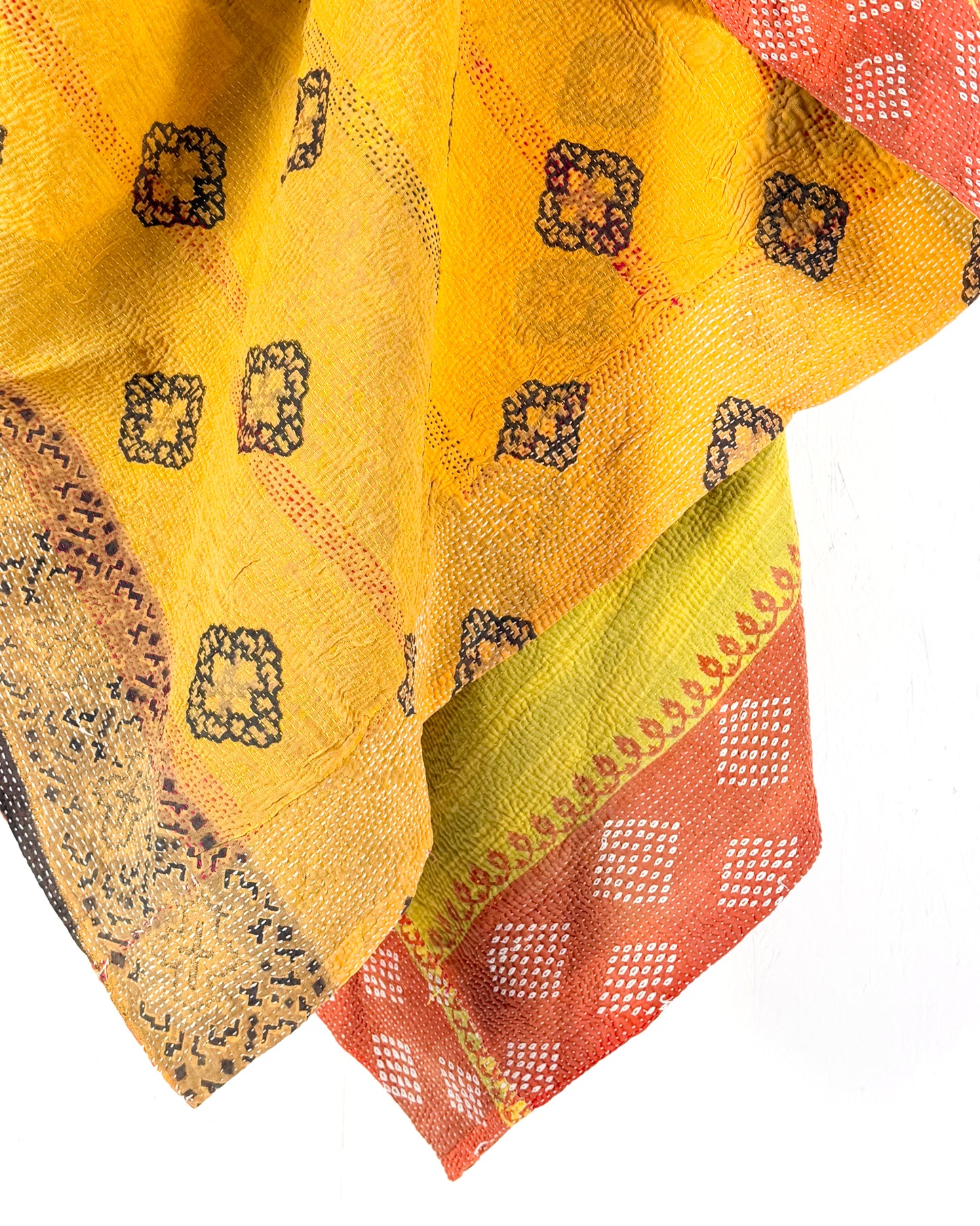 Large Embroidered Vintage Kantha Quilt in Yellow and Orange