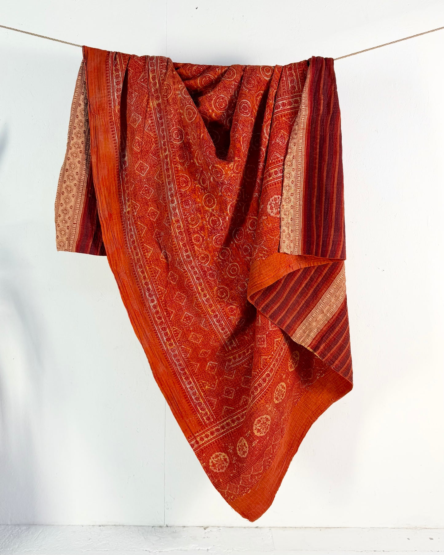 Extra Large Ajrakh Printed Vintage Kantha Quilt In Deep Red