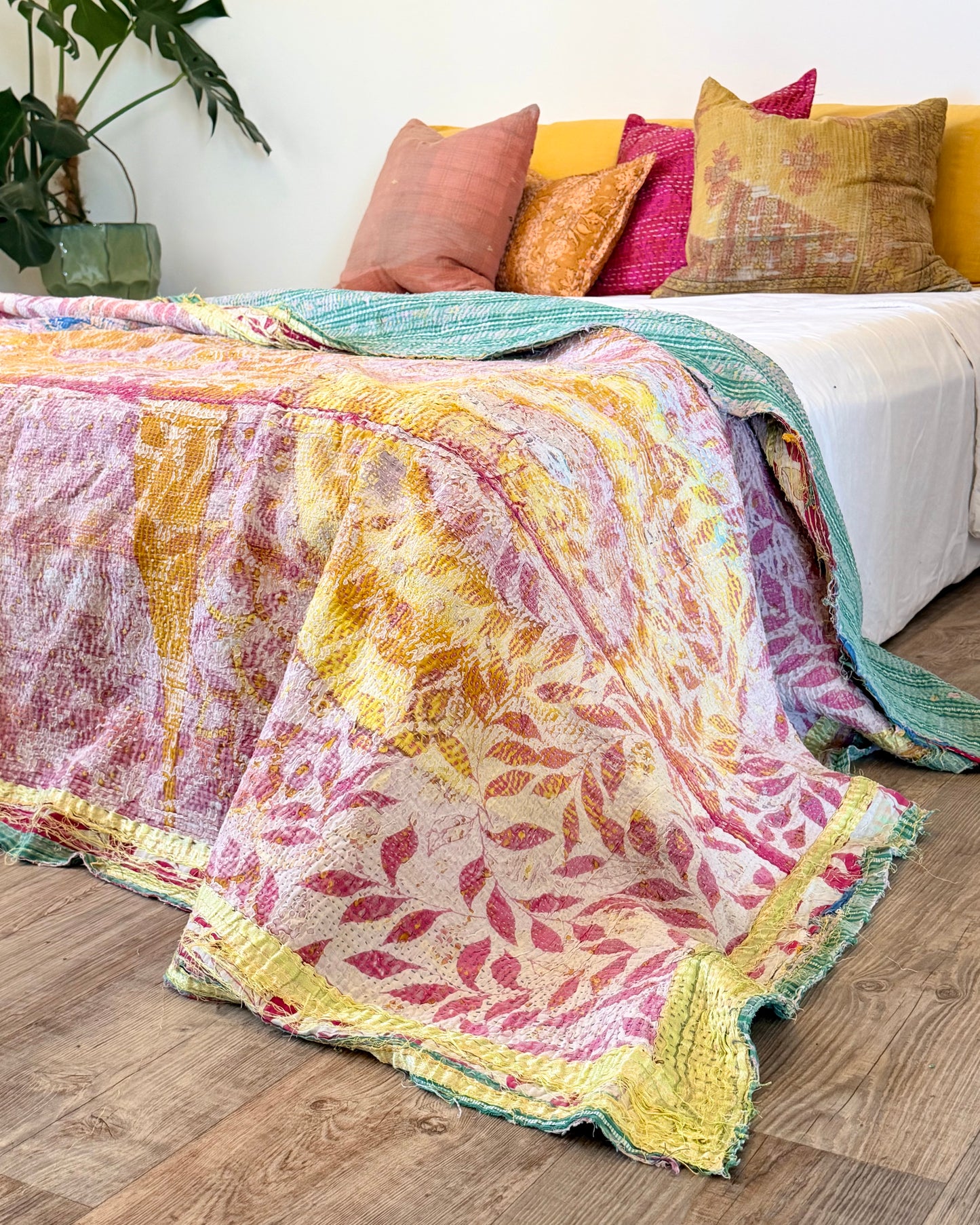 Textured Vintage Kantha Quilt In Pink and Yellow
