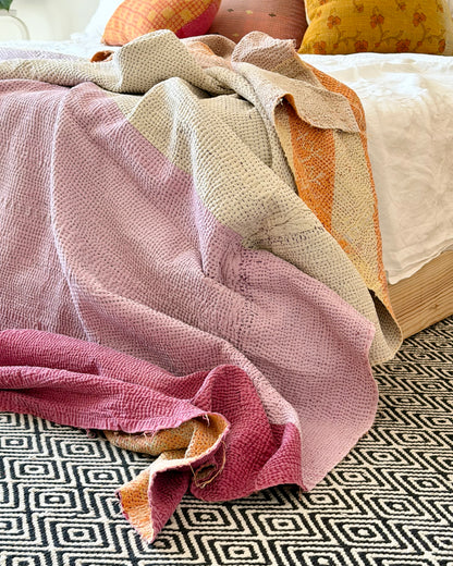 Extra Large Textured Vintage Kantha Quilt in Pink Colour Block and Peachy Pastels