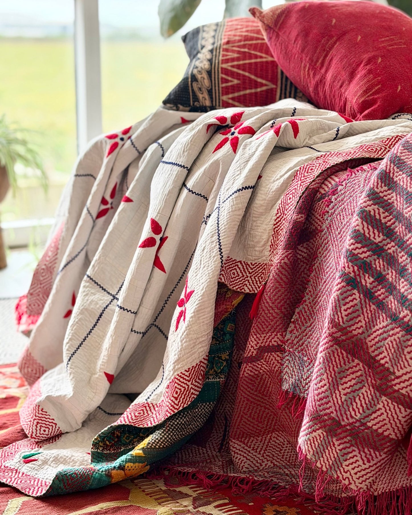 Large Embroidered Vintage Kantha Quilt in White With Red Flower Pattern - Biggs & Hill